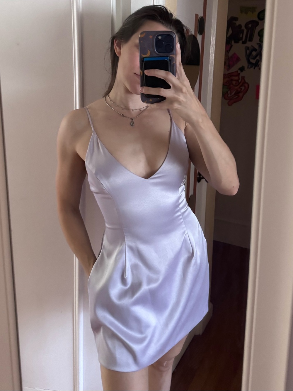 Lavender Satin Slip Dress with Spaghetti Straps - Picture 2 of 3